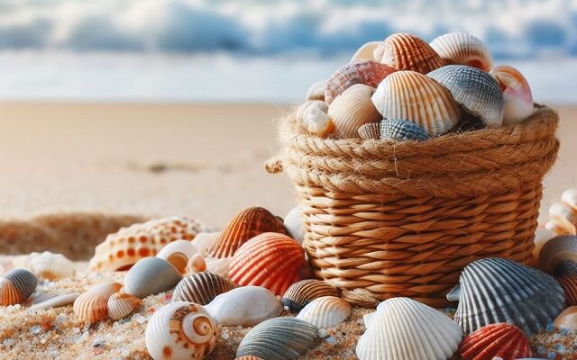 des coquillages dans un panier sur la plage