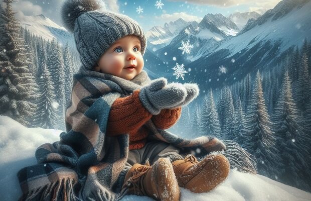 bébé à la montagne, dans la neige